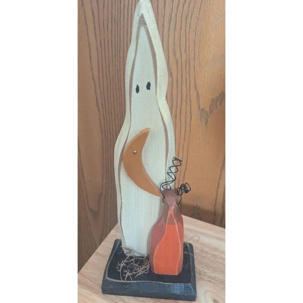 VTG Primitive Wood Ghost Figurine Halloween Folk Art Rustic Farmhouse Decor